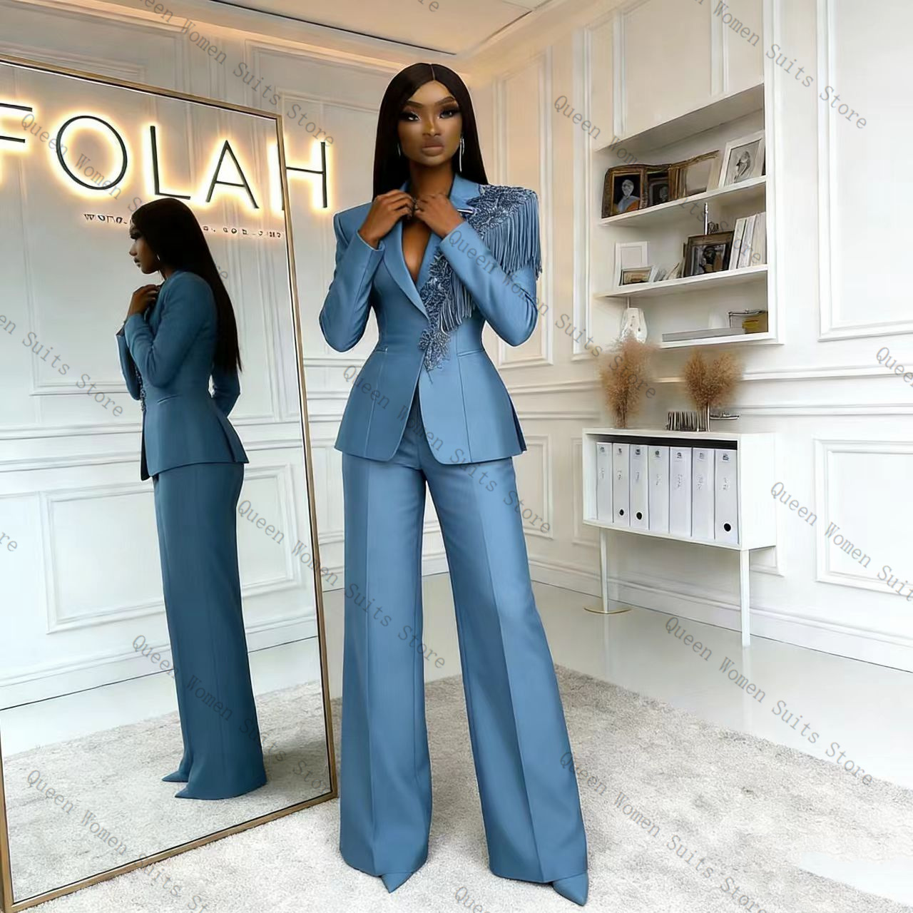 طقم بدلة نسائية زرقاء مزينة با - مراجعة Women Formal Wear Coat وسعره